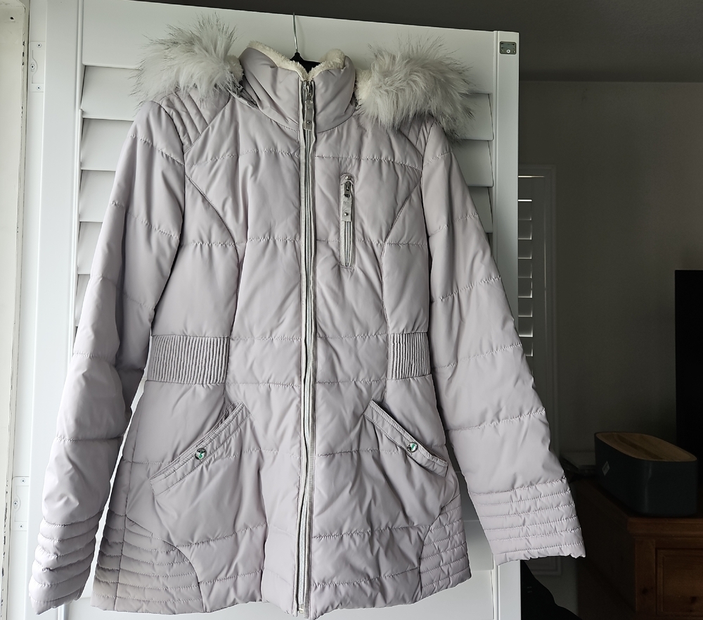 Laundry by Design Light Gray Puffer Jacket with Faux Fur Hood